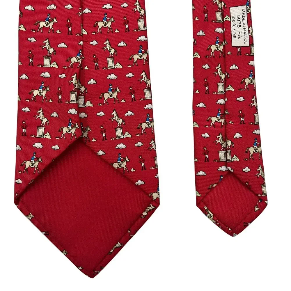 Hermes Silk Tie Equestrian Riders Print Red